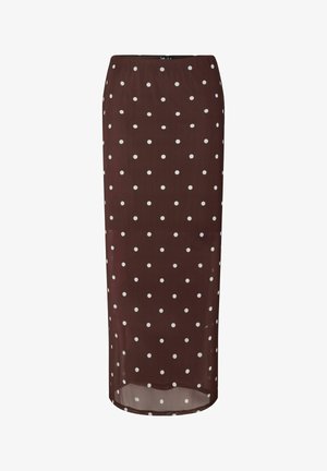 Gonna midi marrone a pois in tessuto leggero, con pois bianchi e un leggero lucido. Silhouette dritta, orlo tagliato alla caviglia.