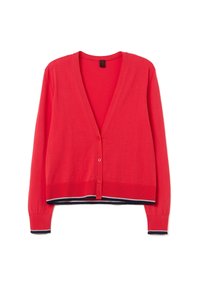 Roter Cardigan mit V-Ausschnitt, sechs vorderen Knöpfen, gerippten Ärmelbündchen und Saum. Der untere Saum hat einen Akzent in Navy und Weiß mit Streifen. Weiche Textur.
