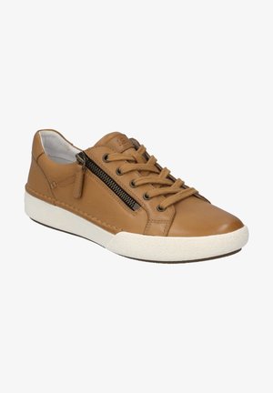 Baskets en cuir tan au design épuré, dotées d'une fermeture éclair sur le côté, d'un laçage à l'avant, d'une semelle texturée blanche et d'accents marron.