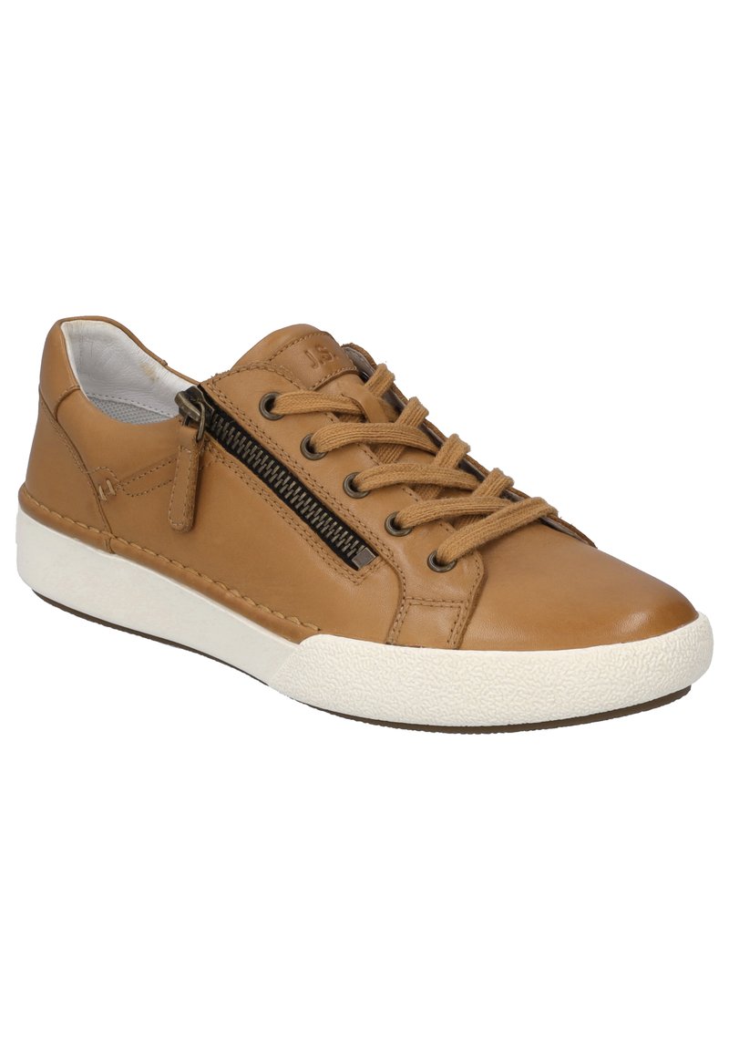 Zapatillas de cuero marrón con un diseño elegante, con un zip lateral, parte delantera con cordones, suela blanca texturizada y acentos marrones.