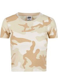 Kortermet t-skjorte med rund hals i lys beige camo-mønster. Laget av bomull, med en myk tekstur og en avslappet passform.