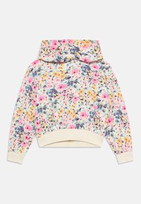 Hoodie fleuri, en mélange de coton, motif multicolore de fleurs roses, jaunes et bleues, avec des poignets et un ourlet côtelés, conception à large col montant.