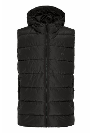 Melna puffa veste ar rāvējslēdzēju priekšpusē un kapuci. Iezīmē horizontālas šuvju detaļas un sānu kabatas. Gluda, spīdīga tekstūra.