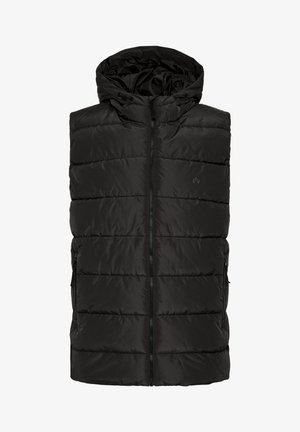 Must must vest, millel tõmblukuga esiosas ja kapuutsiga. Omab horisontaalseid õmblusi ja küljetaskuid. Sile, läikiv tekstuur.