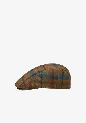 Flat tweed cap with a multicolored plaid pattern in brown, green, blue, and red tones.