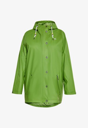 Groene waterdichte jas met een kap, drukknoopsluitingen, voorzakken en contrasterende trekkoorden. Glad, glanzend materiaal met een relaxte pasvorm.