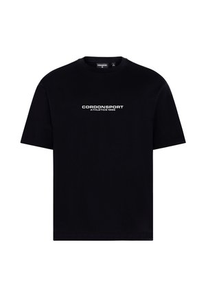 Schwarzes T-Shirt mit kurzen Ärmeln und weißem Text "CORDONSPORT ATHLETICS 1986" zentriert auf der Brust.