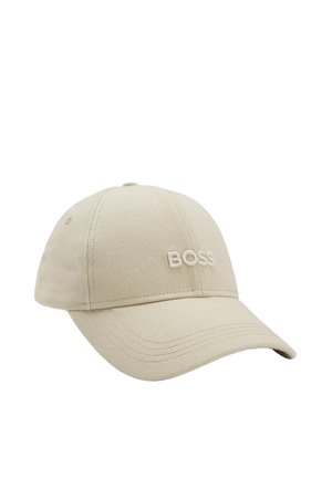 Cappellino da baseball beige con visiera curva con il logo BOSS ricamato sul pannello frontale.