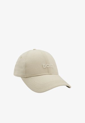 Cappellino da baseball beige con visiera curva con il logo BOSS ricamato sul pannello frontale.