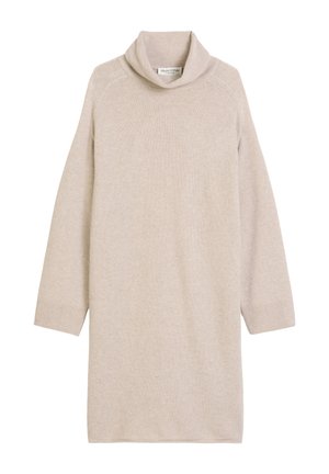 Beige turtleneck kjole lavet af blødt strikket stof, med en afslappet pasform, lange ærmer og ribbede manchetter for ekstra tekstur.