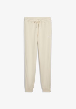 Pantalon de jogging beige avec taille élastique, cordon de serrage, poches latérales et poignets côtelés, conçu pour un usage décontracté.