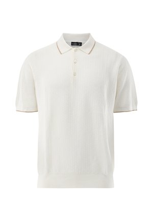 Weißes Poloshirt mit kurzen Ärmeln, dezent strukturierter Musterung, drei Knöpfen und beigem Saum an Kragen und Ärmelsäumen.