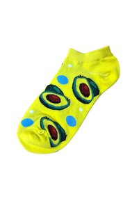 Felgele enkelkous met bedrukte avocadohelften en blauw-witte polkadots op een witte achtergrond.
