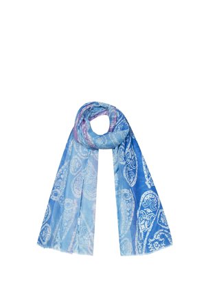 Hellblauer Schal mit lila Akzenten und weißen Paisley-Mustern, locker geschlungen mit fransigen Rändern.