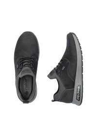 Black synthetic shoes with gray accents, featuring a smooth outer texture, rounded toe, and a transparent air pocket in the sole.