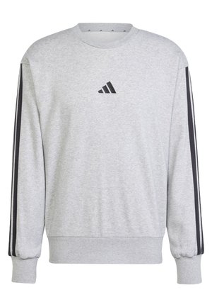 Gray sweatshirt made of soft fabric, featuring a crew neck, ribbed cuffs, and black side stripes. Adidas logo in front.