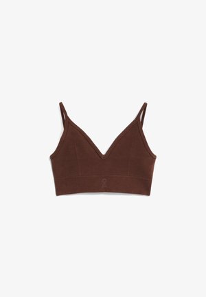 Bralette marron avec un profond décolleté en V, bretelles réglables, panneaux texturés et tissu léger et extensible. Présente un détail de logo subtil en bas.
