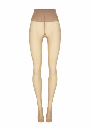 Collants beige transparents avec taille haute renforcée et renforts aux orteils, présentés sur fond blanc.