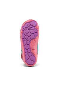 Suola di scarpa sportiva per bambino con una base rosa e un motivo testurizzato viola, progettata per trazione e durata. Taglia 28.