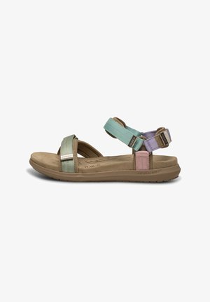Sandaletten in Mint, Lavendel und Blush mit verstellbaren Riemen. Gepolsterte Innensohle, braune Gummi-Außensohle und weiche Stoffdetails.