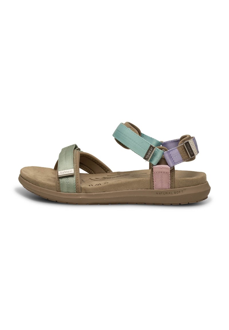 Remmar sandaler i mint, lavendel och rosafärger med justerbara remmar. Dämpad innersula, brun gummisula och mjuka tygdetaljer.