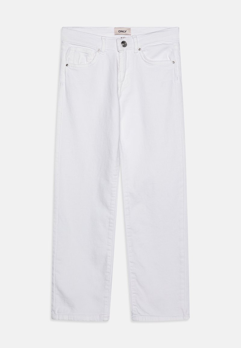 Jeans in denim bianco con taglio a gamba dritta, dotati di tasche frontali, chiusura con bottone e un'etichetta del marchio discreta sulla vita.