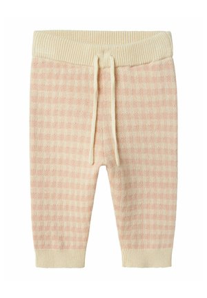 Pantalons pour bébés en maille douce avec un motif à carreaux rose et crème, taille élastique avec cordon de serrage et poignets côtelés.