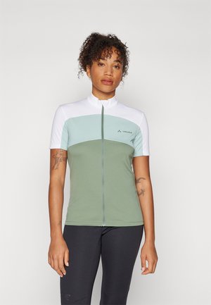 Short-sleeved cycling jersey in light green and white, featuring a zip front, color-block design, and higher collar for a fitted look.