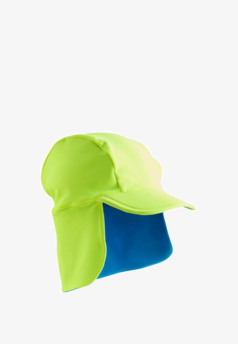 Chapeau de soleil jaune néon avec large bord et rabat bleu au niveau du cou pour une protection solaire étendue contre les rayons UV.