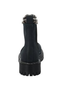 Sorte ankelstøvler med en struktureret læderoverdel, grå kunstpelsforing ved kraven og en robust, tyk gummisål med mønster.