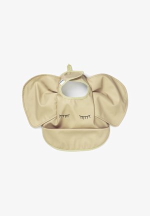 Beige elefant-formet smæk med store ører, en rund hals åbning og sort vippedesign. Har en lomme og blødt, tekstureret materiale.