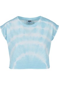 Svetlomodrý crop top s tkaním, krátke rukávy, okrúhly výstrih, mäkká bavlnená látka, obsahuje vírčný vzor a lemované okraje.