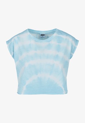 Top scurt din bumbac, de culoare bleu deschis, cu imprimeu tie-dye, mâneci scurte, guler rotund, fabricat dintr-un material moale, având un model spiralat și margini finisate.