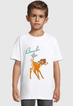 Biela bavlnená tričko s farebnou ilustráciou Bambi, s zeleným textom "Bambi" nad postavou. Krátke rukávy a voľný strih.