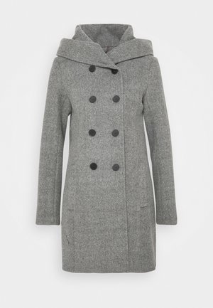 Grijze dubbelgeknoopte wollen jas met brede kraag, lange mouwen en twee zijzakken, knielang model.