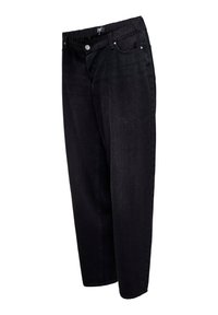 Jean en denim noir à coupe décontractée, doté d'une taille élastique, de deux poches avant et de garnitures argentées.