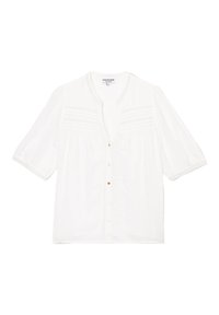 Blusa bianca con maniche corte e a sbuffo, caratterizzata da un pizzo decorativo e una chiusura con bottoni. Tessuto morbido con una vestibilità comoda.