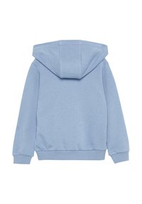 Lichtblauwe hoodie met lange mouwen en geribde manchetten en tailleband, weergegeven vanaf de achterkant op een witte achtergrond.