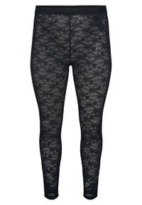Zwarte kanten leggings met een bloemenpatroon, elastische tailleband en een aansluitend ontwerp. De stof is semi-doorzichtig met een gestructureerde afwerking.