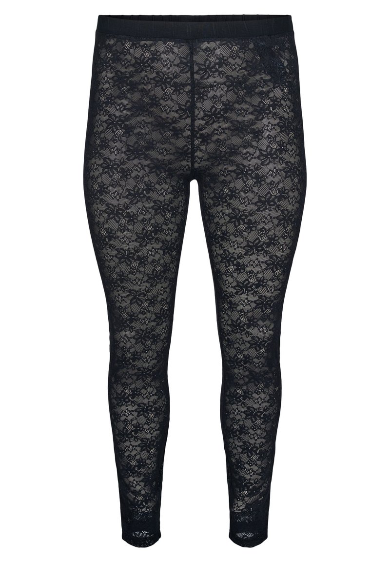 Zwarte kanten leggings met een bloemenpatroon, elastische tailleband en een aansluitend ontwerp. De stof is semi-doorzichtig met een gestructureerde afwerking.