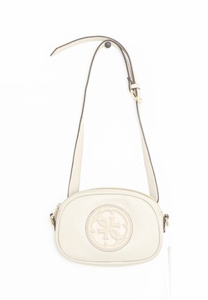 Klein wit lederen crossbodytasje met verstelbare riem en geprofileerd cirkelvormig logo aan de voorkant.