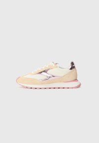 Light pink and beige sneaker with suede and mesh materials, featuring a metallic pink accent and white laces, mounted on a pink rubber sole.