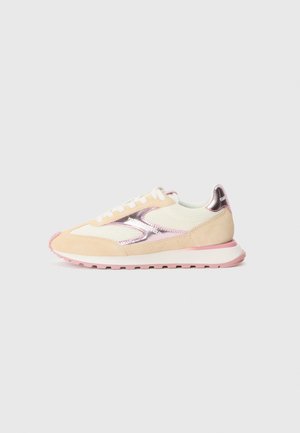 Light pink and beige sneaker with suede and mesh materials, featuring a metallic pink accent and white laces, mounted on a pink rubber sole.