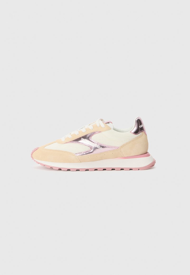 Light pink and beige sneaker with suede and mesh materials, featuring a metallic pink accent and white laces, mounted on a pink rubber sole.