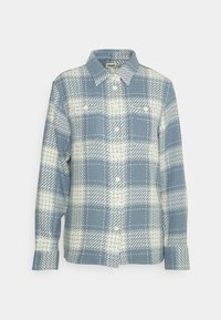 Niebieska i biała koszula flanelowa w kratę z klasycznym kołnierzykiem, zapięciem na guziki, dwiema kieszeniami na piersi oraz teksturowanym wykończeniem materiału.