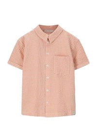 Korte mouwen, blouse met kraag in lichtroze met witte strepen, voorzien van een patchzak en knoopsluiting, gemaakt van gestructureerde stof.