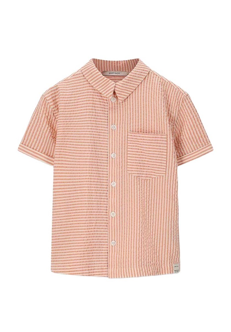 Korte mouwen, blouse met kraag in lichtroze met witte strepen, voorzien van een patchzak en knoopsluiting, gemaakt van gestructureerde stof.