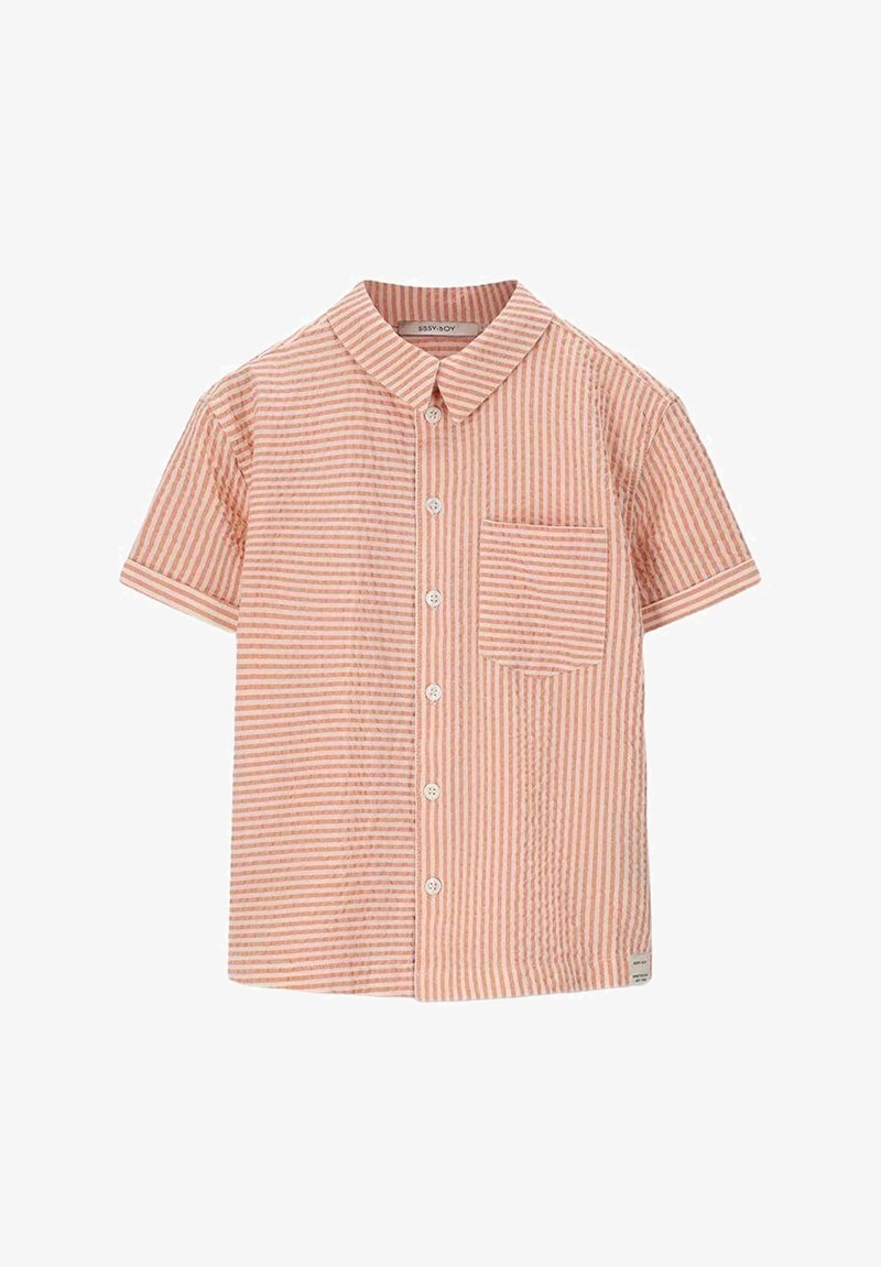 Korte mouwen, blouse met kraag in lichtroze met witte strepen, voorzien van een patchzak en knoopsluiting, gemaakt van gestructureerde stof.