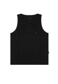 Black cotton tank top with a round neckline and sleeveless design. Features a small logo in the upper center and minimal stitching details.