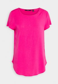 Haut de couleur rose vif à manches courtes, avec un col rond, une texture lisse et une coupe décontractée. Dispose d'un ourlet légèrement courbé et de fentes latérales.